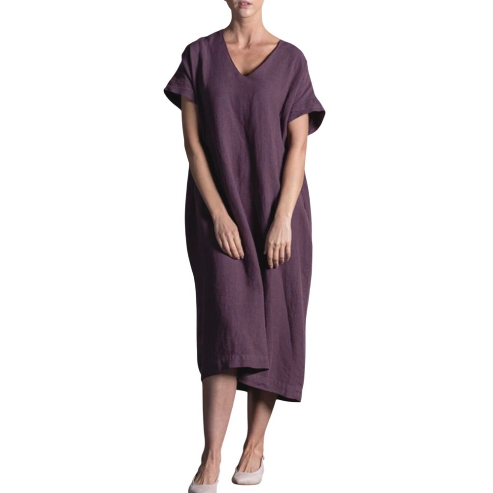 Menique Joelle 100% Linen Lagenlook‎ Short Sleeve Midi Dress Pockets Plum Purple